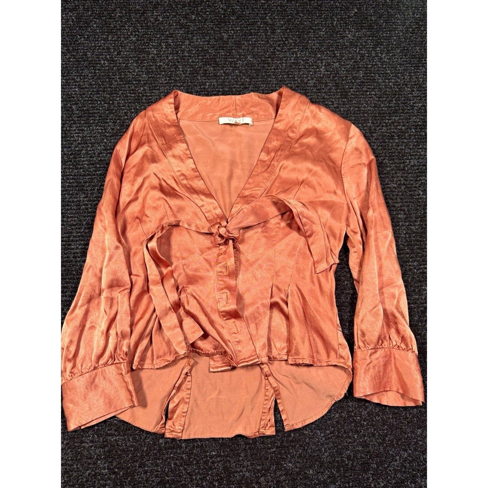 WAYF Errol Bow Blouse Womens S Dusty Rose Satin Tie Front V Neck